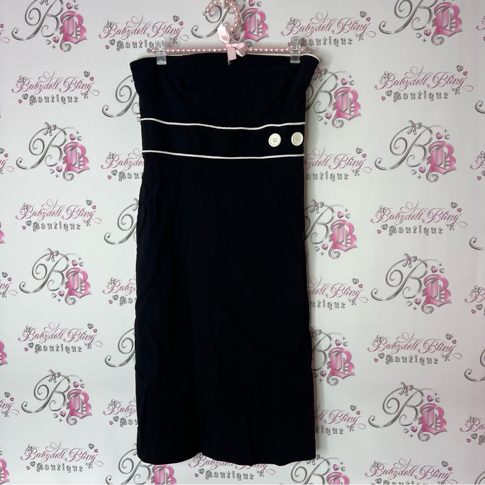RW&CO Black Strapless Sheath Cocktail Dress buttons white striped pin up girl